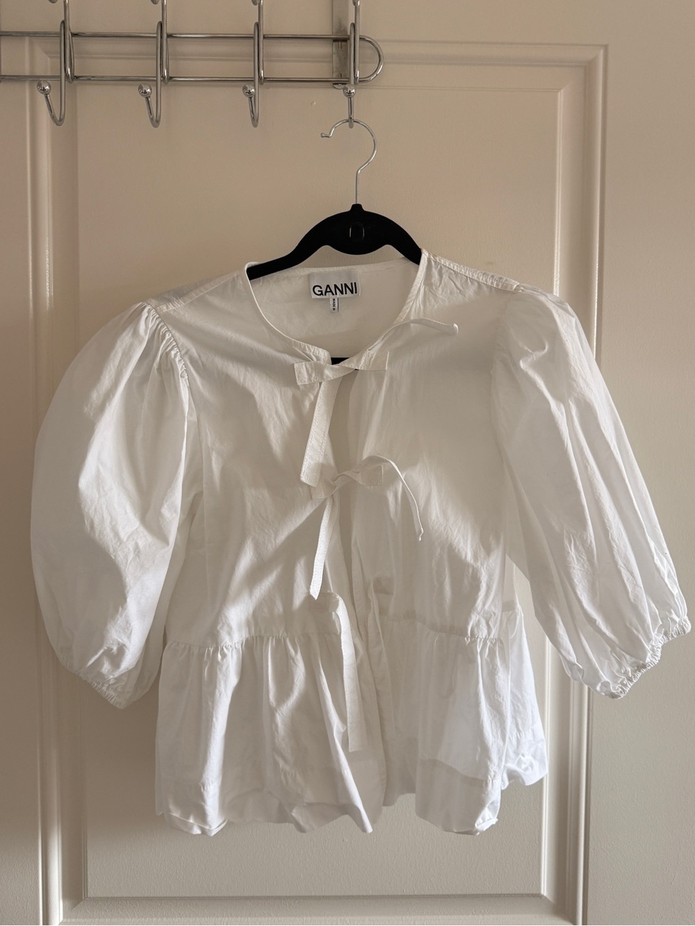 Ganni Cotton Poplin Peplum Blouse with ties - White - Picture 4 of 6